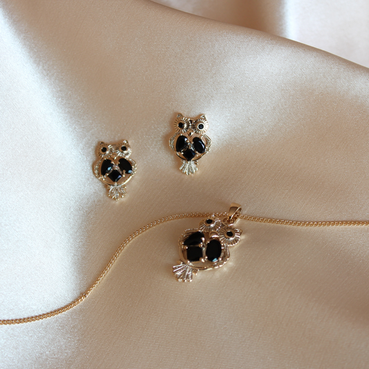 Set Buho con Zirconias Negras Collar + Aretes